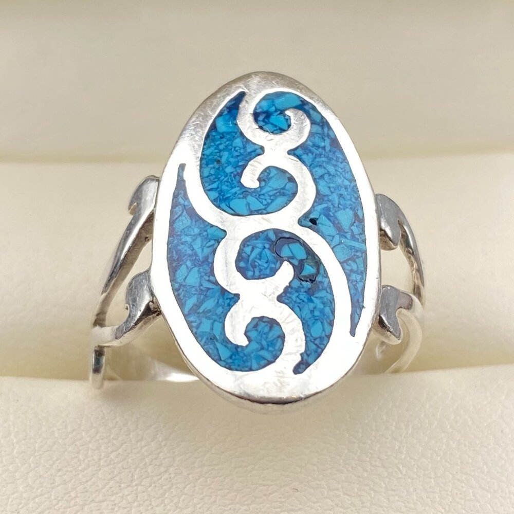Vtg Jim Calladitto Navajo Blue Turquoise Sterling Silver Swirl Ring Sz 8 - 5.9gm